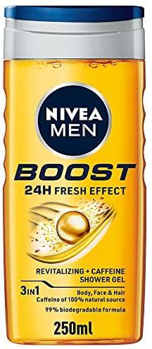 NIVEA MEN 3in1 Shower Gel Body Wash, Boost 24h Energy Caffeine & Biodegradable Formula, 250ml