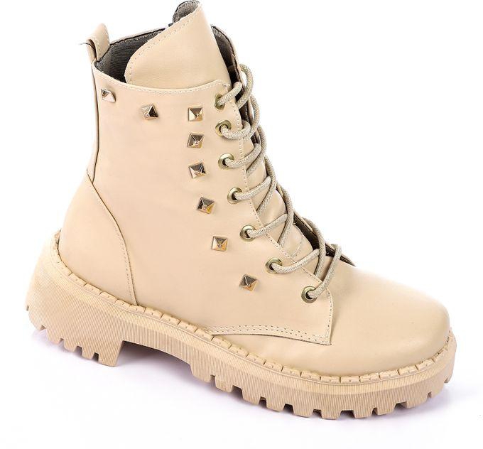 Ice Club Decorative Studds Leather Combact Boots - Beige