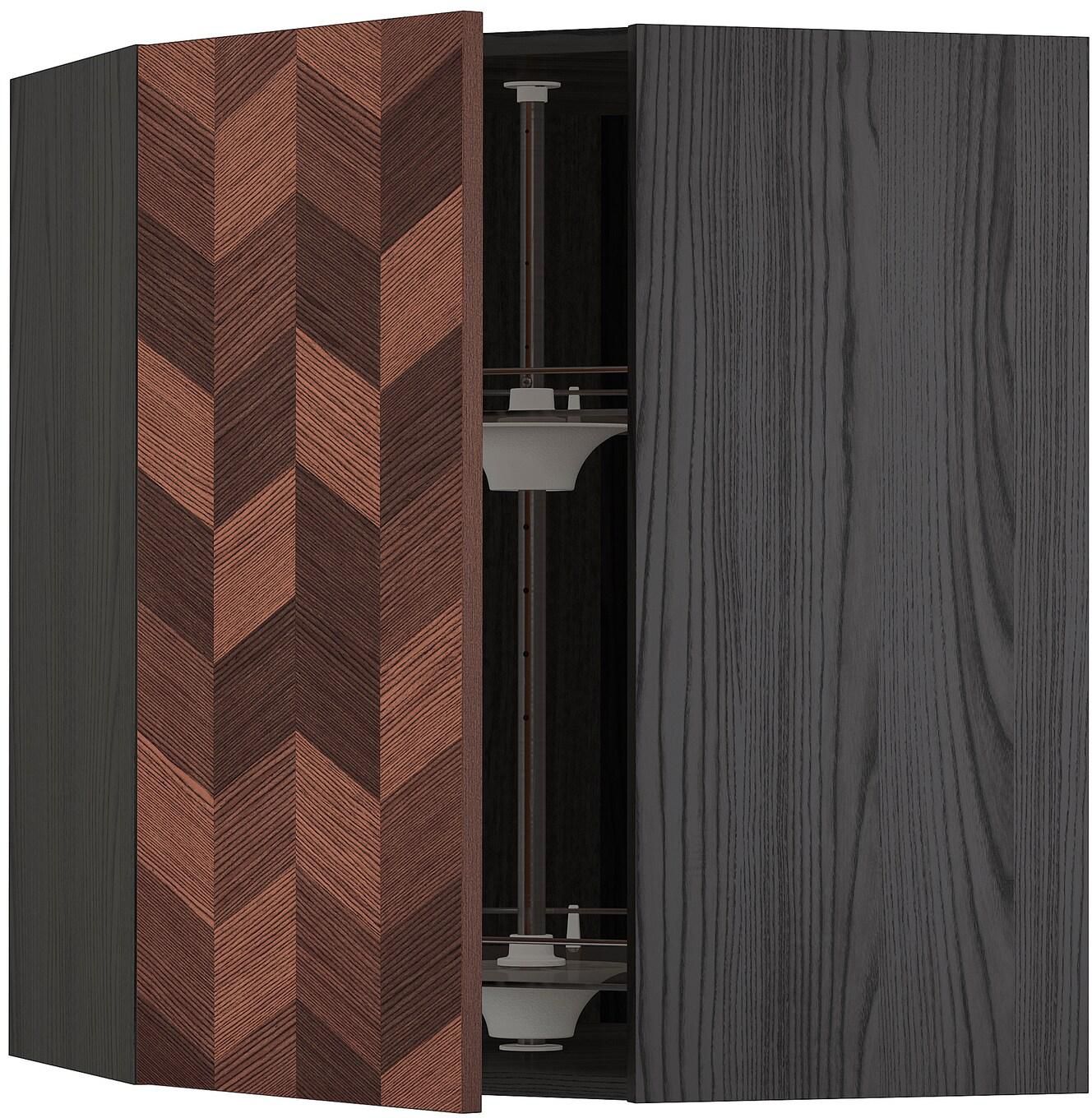 METOD Corner wall cabinet with carousel - black Hasslarp/brown patterned 68x80 cm