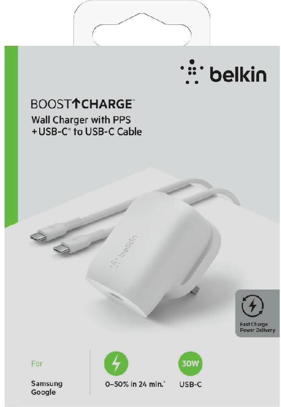 Belkin Boost CHARGE USB-C PD 3.0 PPS Wall Charger 30W + USB-C to USB-C Cable