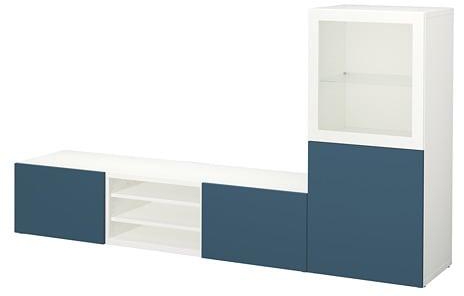 BESTÅ TV storage combination/glass doors, white Valviken, dark blue clear glass