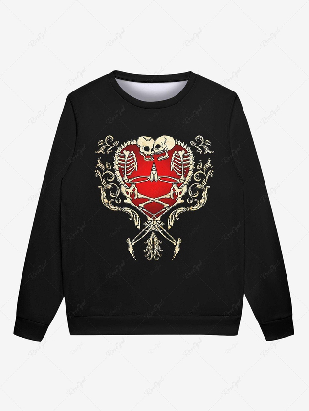 Gothic Heart Skeleton Skull Floral Graphic Print Sweatshirt For Men - 6xl