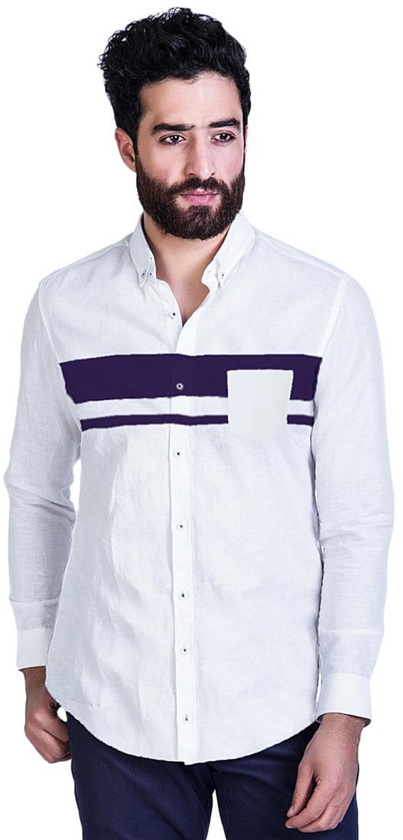 مستر باتن - White Full Sleeves Shirt With Blue Panel -  07SHR001