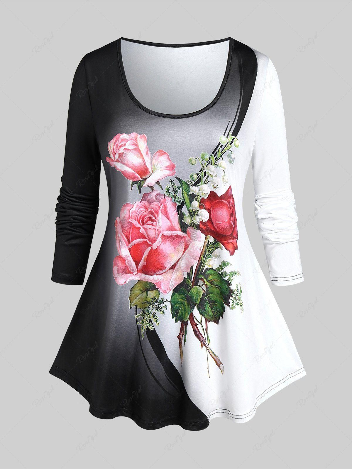 Plus Size Colorblock Rose Print T-shirt - 4x | Us 26-28