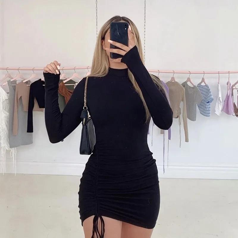 High quality Sexy Ruched Bodycon Mini Dress Women Clothes Long Sleeve O Neck Dresses Woman Party Night dress
