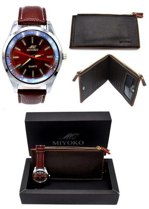 Miyoko Miyoko Leather Watch + Miyoko PU Leather Wallet Bundle - Dark Brown
