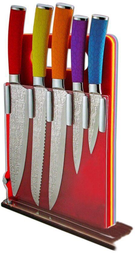Knife Set - 5 Colored Knives, 5 Cutting boards, Stand