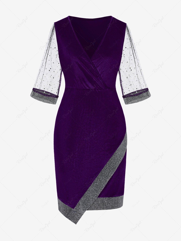 Plus Size Moon Star Sequin Mesh Sleeves Asymmetrical Surplice Dress - 2xl