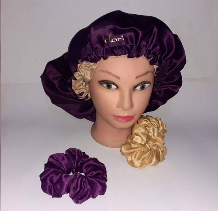 Olori OLORI Purple And Gold Satin Reversible Double Sided Bonnet With Scrunchie