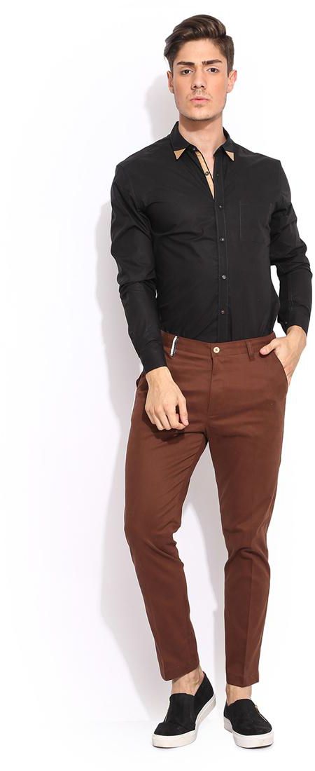 Mr Button - Black Solid Cotton Shirt With Tan Pu Trims