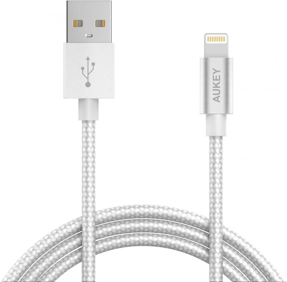 Aukey CB-D16 Nylon Braided Sync and Charging 3.95ft Lightning Cable For iPhones and iPads - Silver