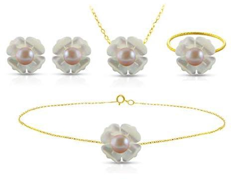 Vera Perla 18K Yellow Gold Flower Shape with Purple Pearl Jewelry Set - 4 Pieces