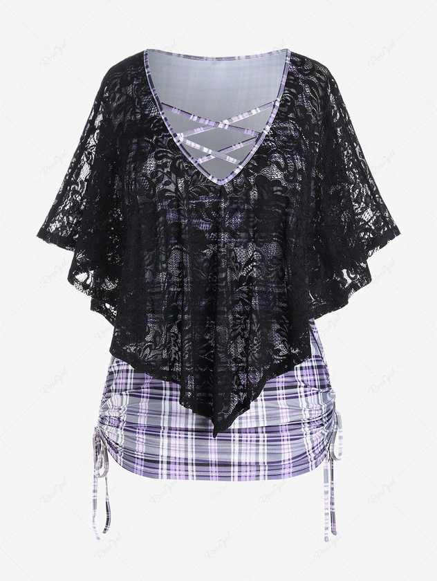 Plus Size Lace Overlay Cinched Plaid Tee - M | Us 10