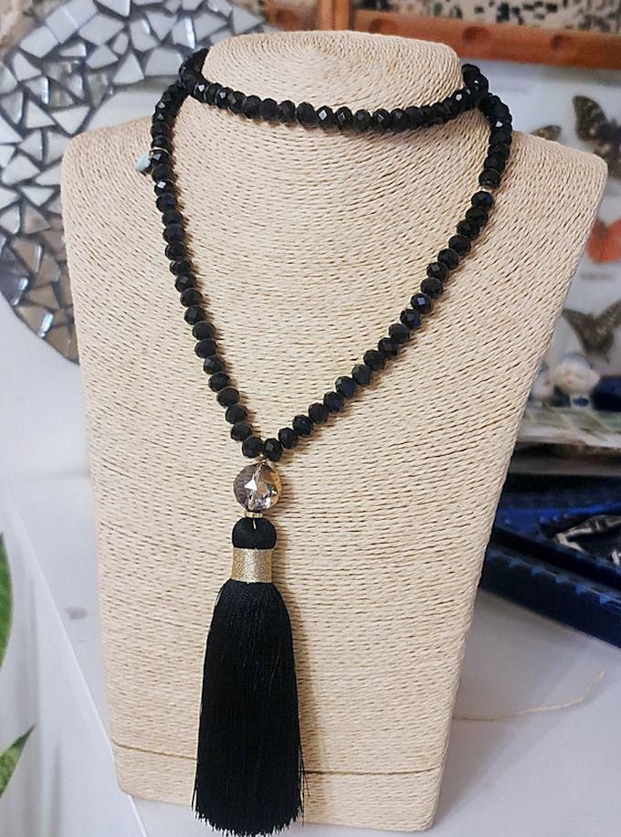 Black Tassels And Crystal Beads Long Necklace