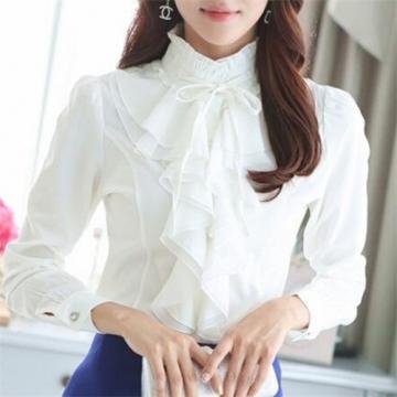 Women‘s Fashion Work Chiffon Long Sleeve Pure Color Regular Shirt white s