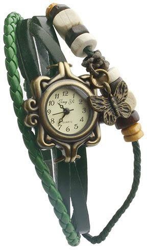 Classic Leather Strap Women Bracelet Watch Vintage Girls Cute Butterfly Leather Watch---Green