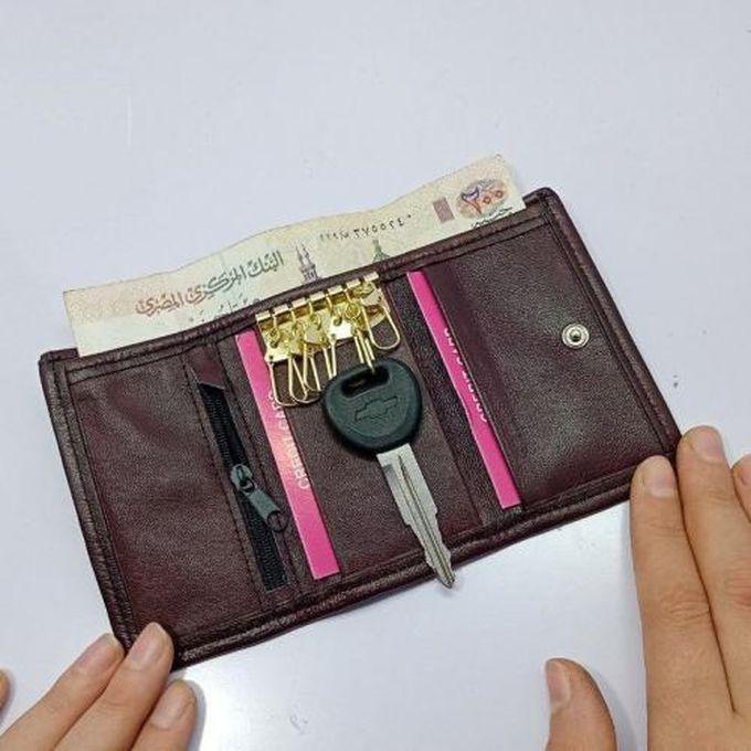 محفظة مفاتيح و نقود و كروت جلد طبيعي محفظه ثلاثية الطي للرجال - اللون بني