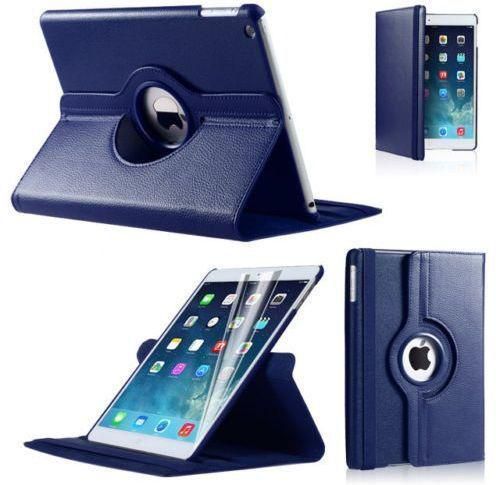 LEATHER 360 DEGREE ROTATING CASE COVER STAND FOR APPLE iPAD AIR 5 DARK BLUE