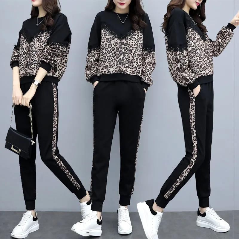 New Product Selection Large Size Women's Fashion 2023 New Autumn Leisure Sports Set Foreign Style Leopard Pattern Loose Slim Fashion Style Commuter Pants Set of Two