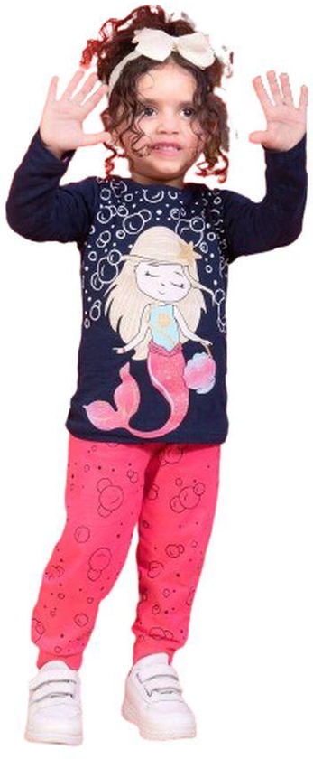 Girls' Autumn Pajamas, Navy Blue T-shirt , And Pink Pants