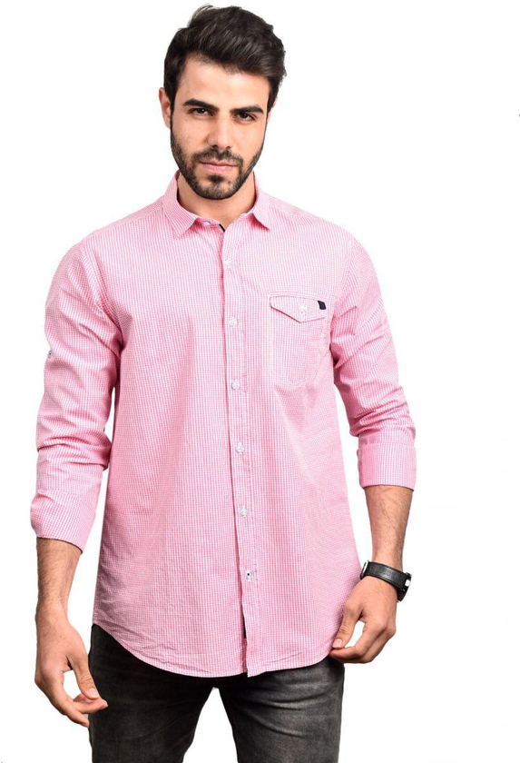 Town Team Cotton Gingham Pattern Regular-Fit Long Sleeves Shirt for Men - White & Pink