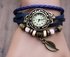 Women's Watches Genuine Leather Knit Vintage Watch with leaf pendant(blue)