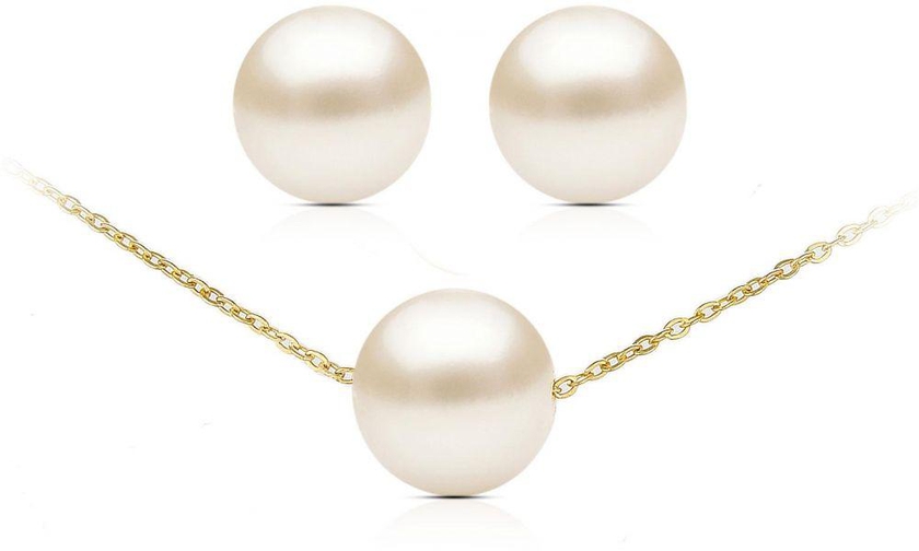 Vp Jewels 18K Solid Gold 7mm White Pearl Pendant Necklace and Earring Set