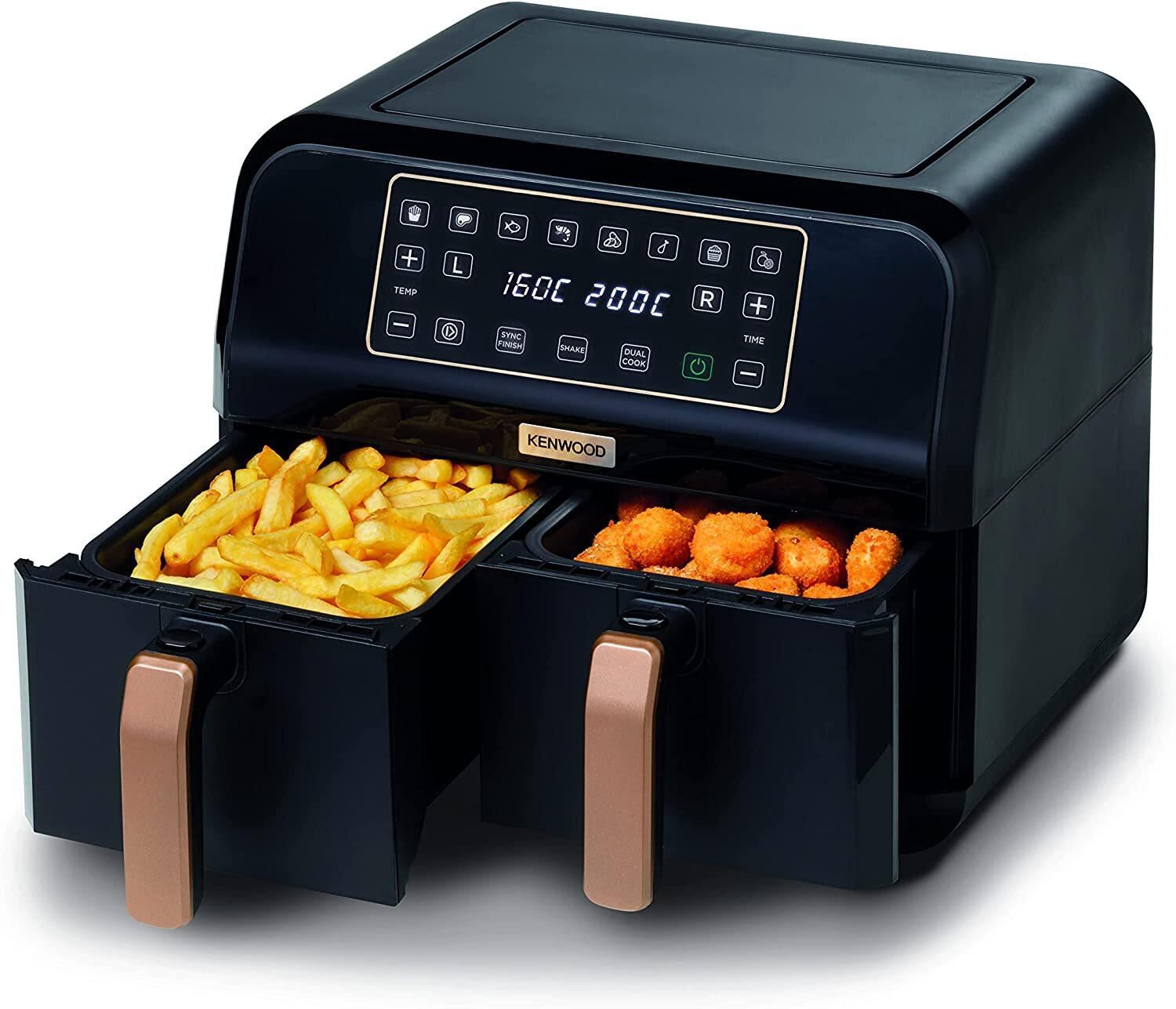 Kenwood Digital Twin Air Fryer XXXL, 4L+4L 1.7Kg+1.7Kg With Dualzone Technology &amp; Dual Frying Baskets For Frying, Grilling, Broiling, Roasting, Baking, Toasting &amp; Reheating HFP70.000BK, Black/Gold