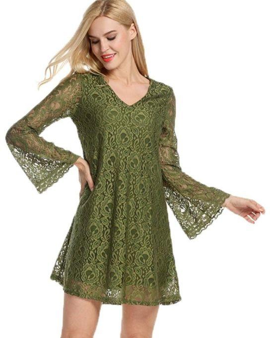 TANG Tang Women V-Neck Floral Lace Long Sleeve Party Casual Cocktail Dress - Green
