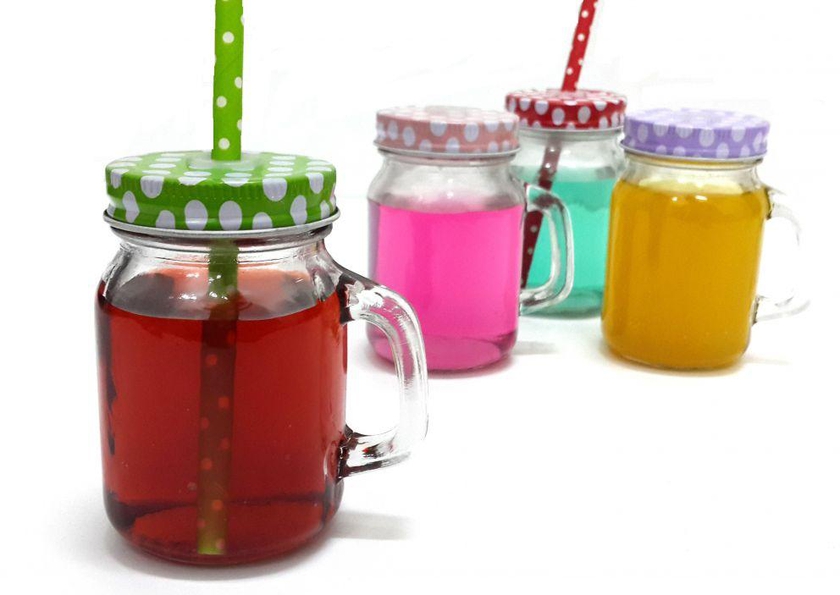 Mini Beverage Glass Jar with handle set of 4pcs ‫(Green, Red , Orange , Purple) [BR34]