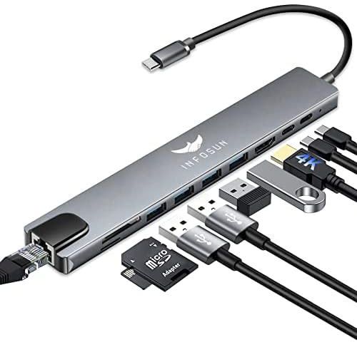 موزع USB نوع C من انفوسن، محول موزع نوع C، موزع شبكة USB-C 10 في 1، موزع نوع C مع منفذ ايثرنت، منفذ 1 4K HDMI، منافذ USB 3.0 4، قارئ بطاقة SD، موزع مناسب لاجهزة ماك بوك واجهزة لابتوب بمنافذ USB نوع C