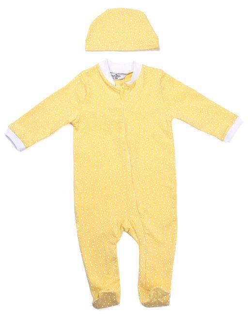 Baby Co. Yellow Dotted Soft Cotton Baby Bodysuit With Ice Cap.