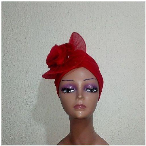 Ladies Turban Cap With Fascinator - RED 2