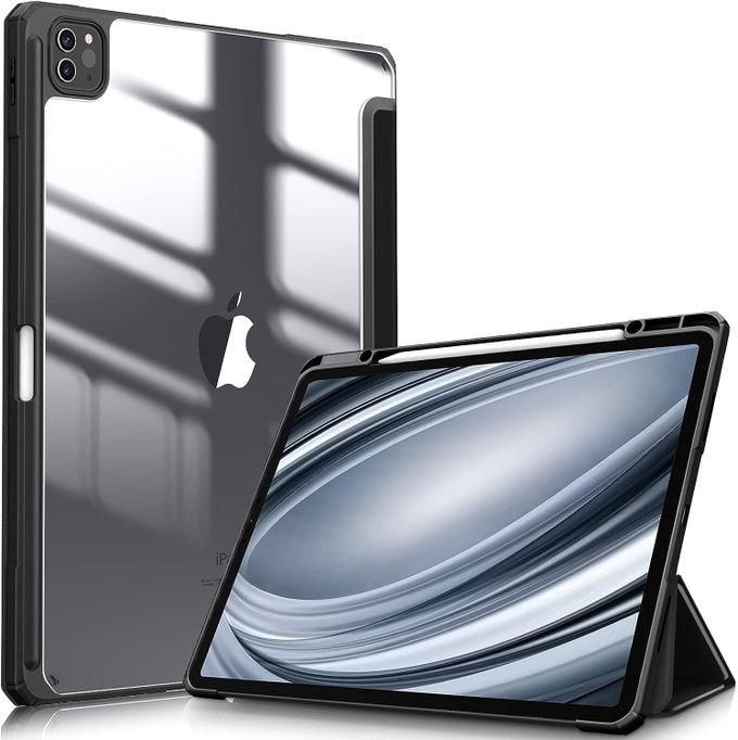 Hybrid Case Compatible With IPad Pro 12.9 Inch (2022/2021/2020/2018, 6th/5th/4th/3rd Generation) - Shockproof Clear Back Cover With Pencil Holder, Auto Wake/Sleep, Black