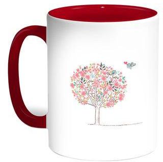 قدح قهوة - طيور على شجرة أحمر/أبيض