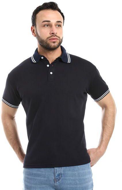 Andora Navy Blue Hips Length Pique Patterned Polo Shirt