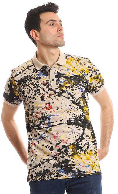 Pavone Beige Cole Splatter Pattern Polo Shirt - Black, Mustard & Blue