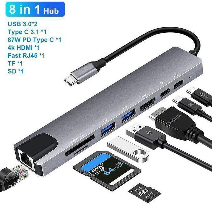 Type C to HDTV 8 in 1 Adapter HDMI PD 2 USB SD TF Rj45 Compatible with Linux, Windows XP, Windows Vista, Chrome OS, Windows 10