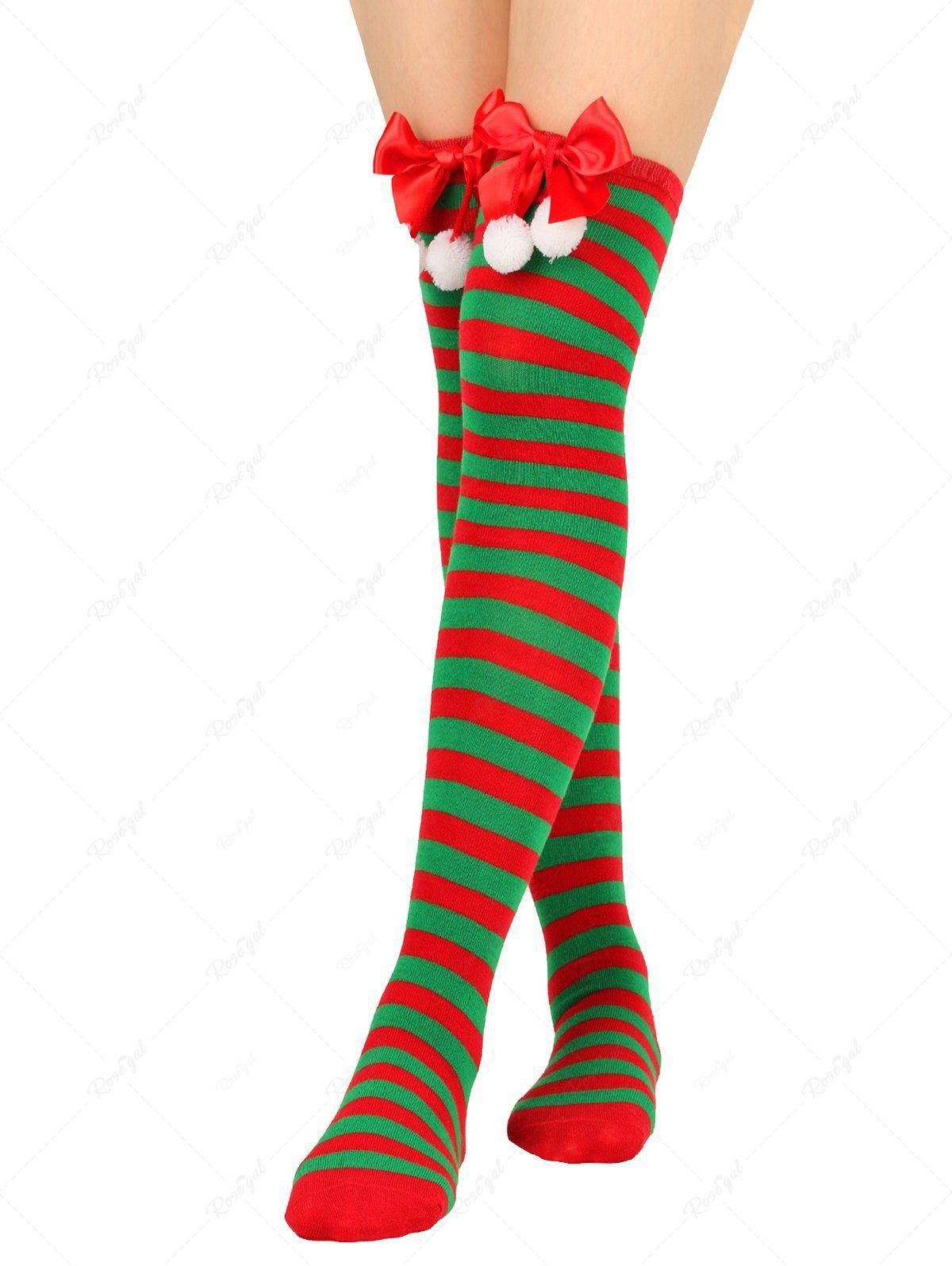 Fashion Christmas Bowknot Fluffy Ball Striped Printed Over The Knee Socks