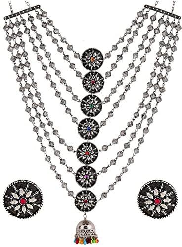 Shining Diva Fashion Latest Stylish Traditional Oxidised Silver Necklace Jewellery Set for Women (12391s), One Size