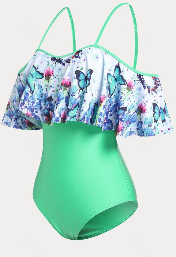 Plus Size & Curve Butterfly Print Ruffled Cold Shoulder One-piece Swimsuit - 3x