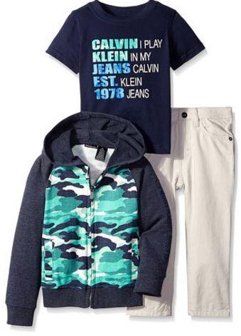 Calvin Klein Little Boys 3 Piece Pant Set Hooded Sweatshirt with Tee and Jean, Size 5