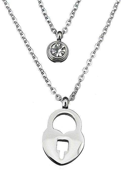 Fashion Fashion Charm Unisex Necklace Stainless Steel With Lock Oval Chain With Rhinestone Silver