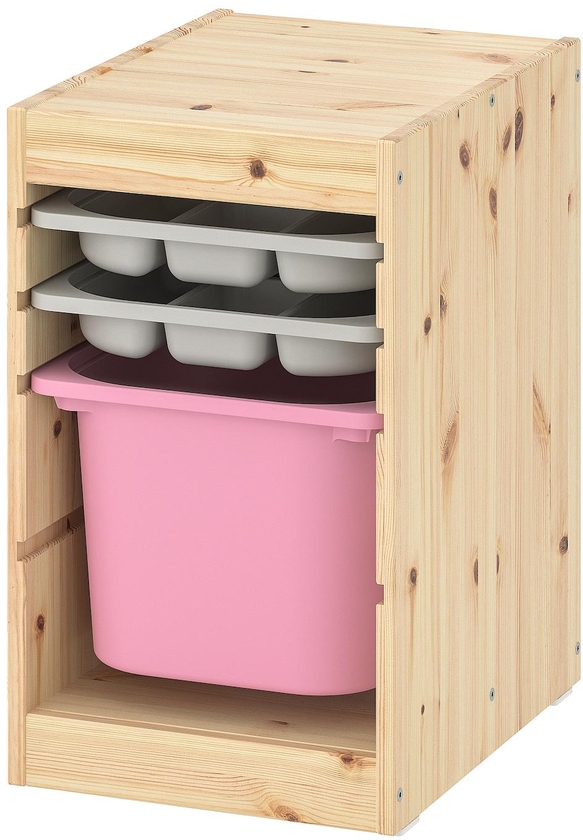 TROFAST Storage combination with box/trays - light white stained pine grey/pink 32x44x52 cm