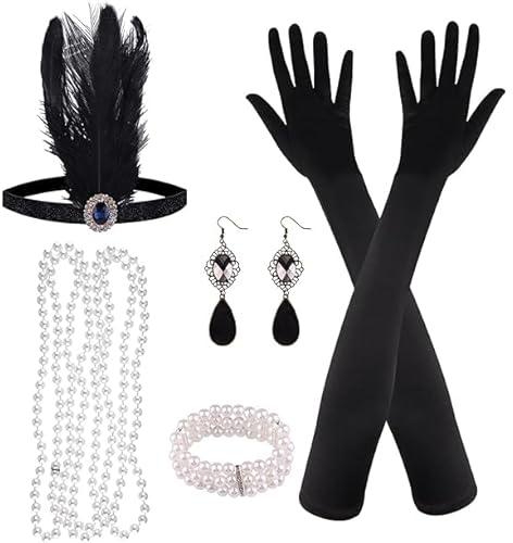6 Pieces 1920s Flapper Great Gatsby Accessories Set, Fashion Roaring 20's Theme Set with Headband Headpiece Long Black Gloves Necklace Earrings for Women