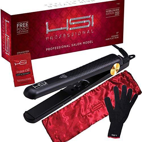 HSI Professional Glider | Ceramic Tourmaline Ionic Flat Iron Hair Straightener | Straightens & Curls with Adjustable Temp | Incl Glove, Pouch, Travel Size Argan Oil Hair Treatment | Packaging Varies