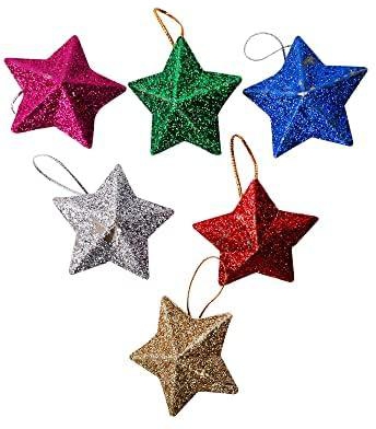 مجموعة نجوم لديكورات وزينة الكريسماس - 6 قطع - متعددة الالوان، البوليستر