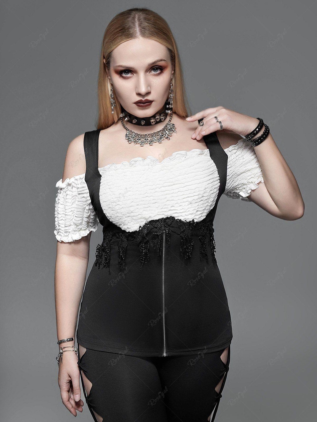 Gothic Frilled Butterfly Lace Panel Zippered Two Tone Cold Shoulder Top - M | Us 10