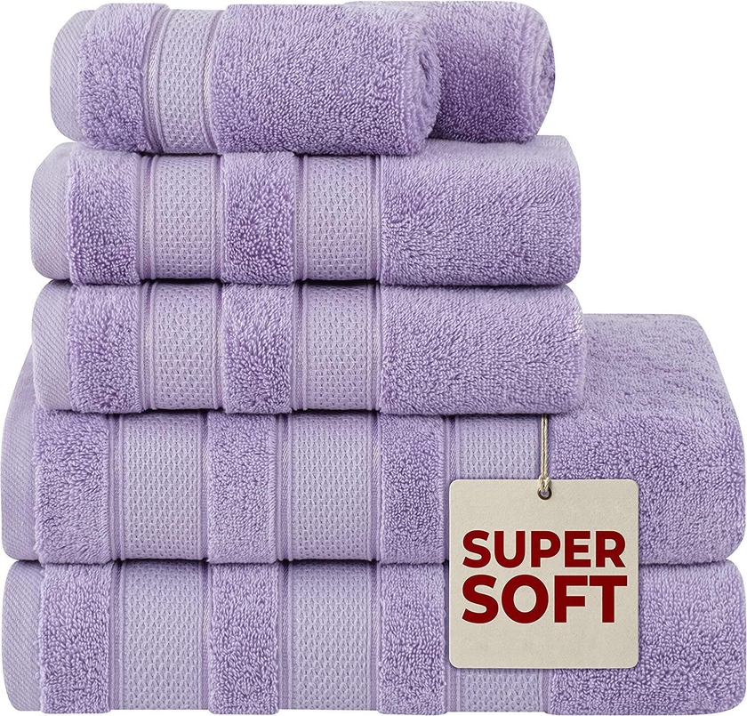 Safi Plus Luxury Hotel Quality 100% Turkish Genuine Cotton Towel Set, 2 Bath Towels 2 Hand Towels 2 Washcloths Super Soft Absorbent Towels for Bathroom &amp;amp; Kitchen Shower - Lilac Purple