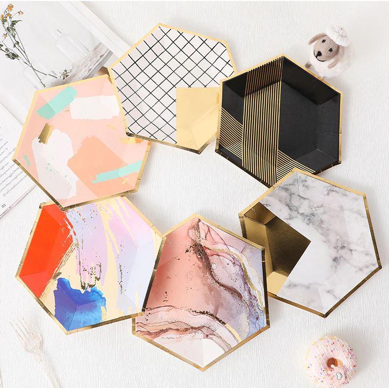 5pcs Hexagonal Disposable Plates Bronzing Paper Party Supply(1930)